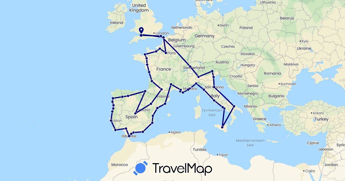 TravelMap itinerary: driving in Switzerland, Spain, France, United Kingdom, Gibraltar, Italy, Monaco, Portugal, San Marino, Vatican City (Europe)